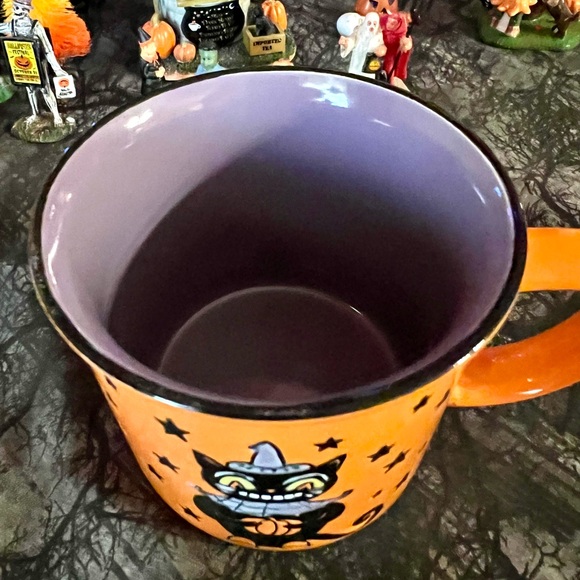 Halloween Stoneware Grinning Black Cat Camper Mug Stars Hat Pumpkin - Picture 3 of 7